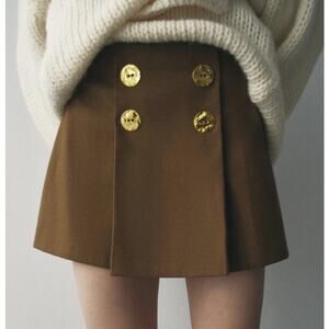 Zara Brown Box Pleated Mini Skirt with Gold Buttons Size Large